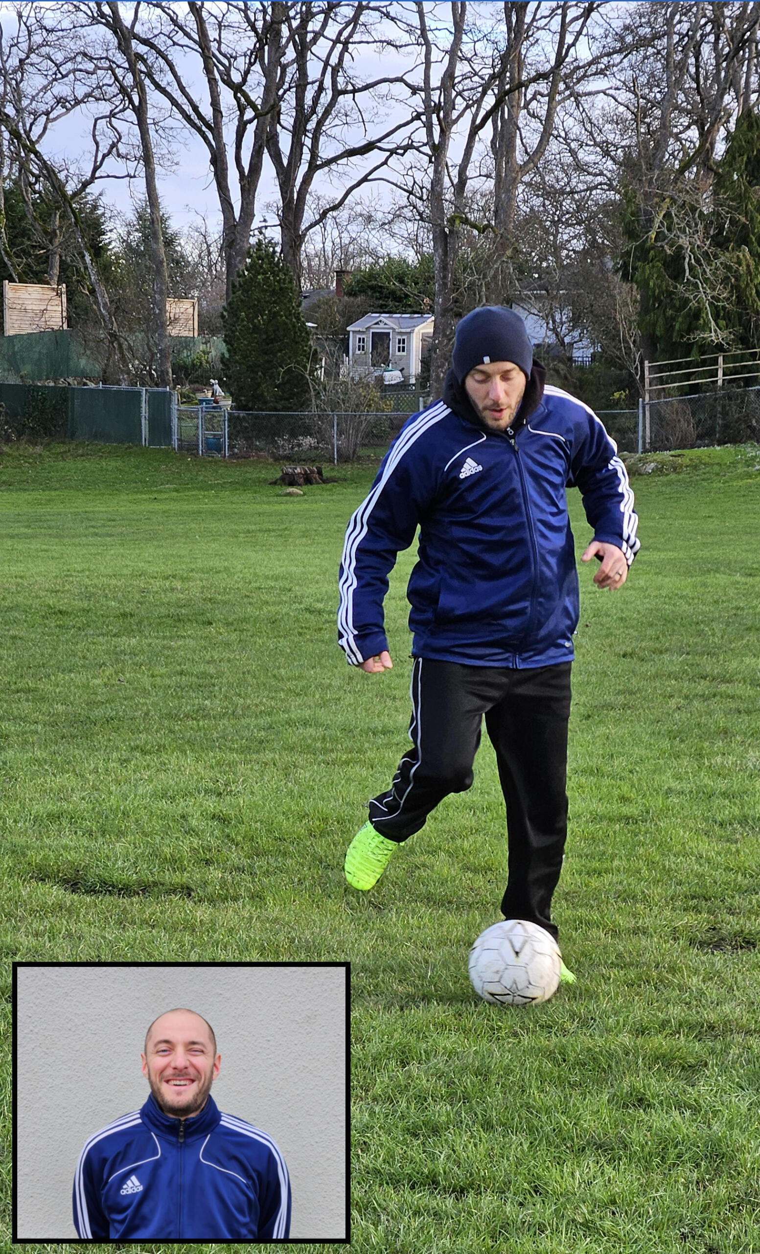 Skilled adult male soccer player dribbling a ball, with a headshot inset in the bottom left corner. Expert soccer training and technique.