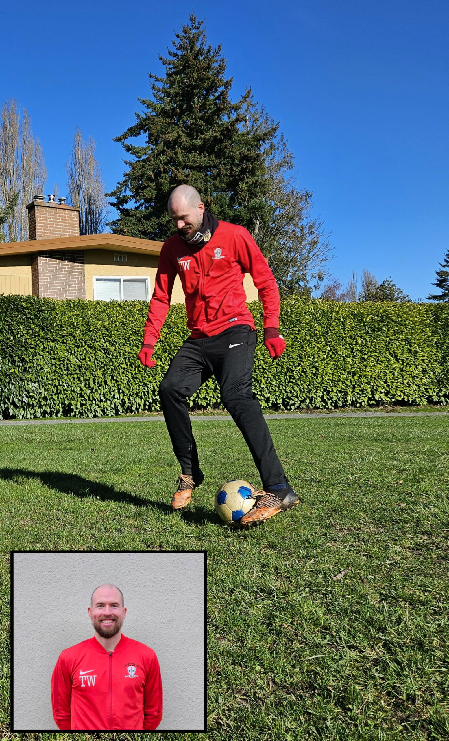 Dynamic adult male coach showcasing precise dribbling skills, accompanied by a headshot in the bottom left corner. Expert soccer coaching for optimal skill development.